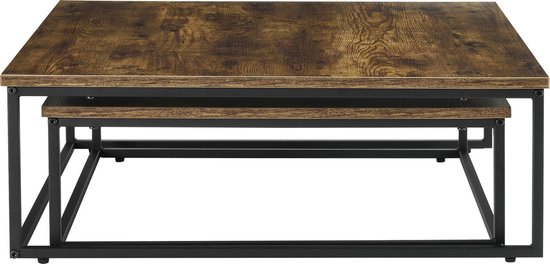 Lot de 2 tables basses gigognes Haninge carrées Effet bois foncé [en.casa]