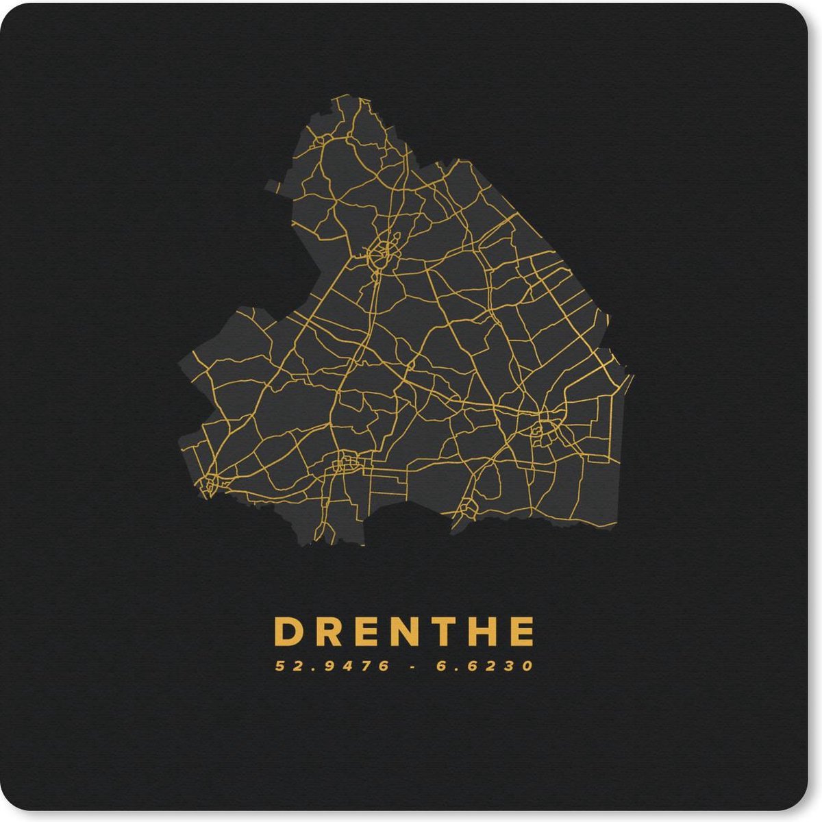 Muismat 20x20 cm - Mousepad Drenthe - Wegenkaart Nederland - Goud - Muismatten