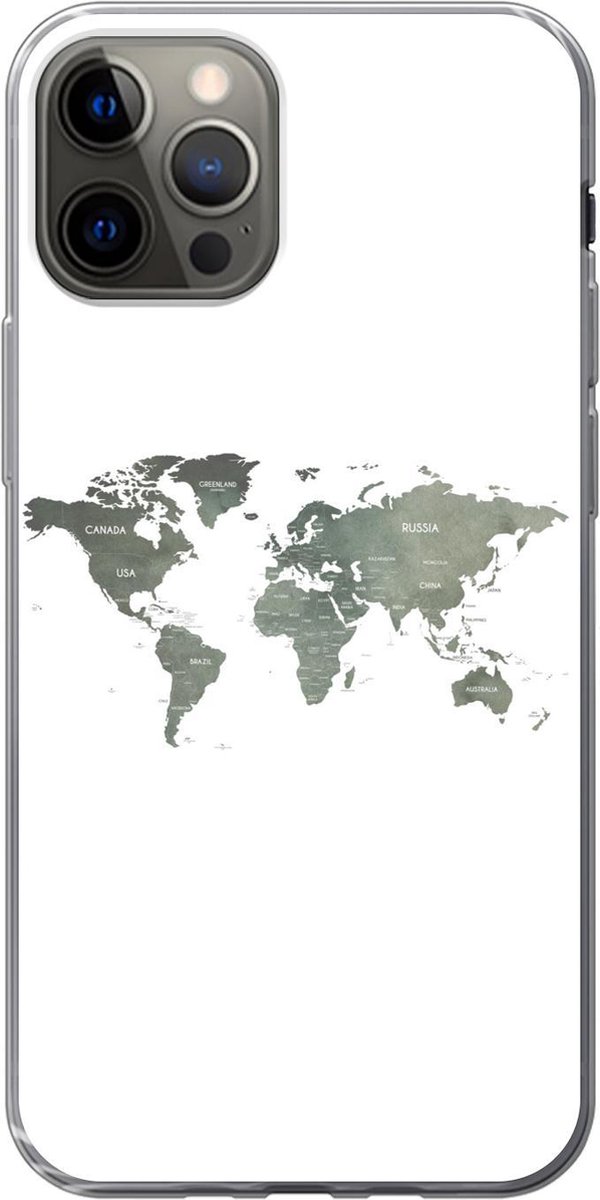 Telefoonhoesje Geschikt voor iPhone 12 Pro hoesje - Wereldkaart - Groen - Wit - Siliconen Telefoonhoesje Telefoonhoesje