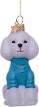 Glazen kerst decoratie witte hond met blauw t-shirt H8cm