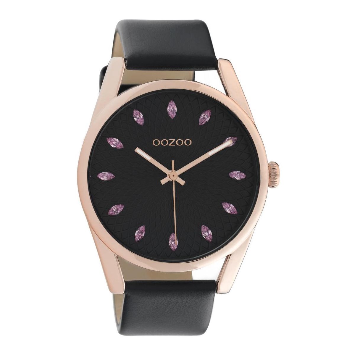 OOZOO Timepieces - Rosé gouden horloge met zwarte leren band - C10819 - Ø45