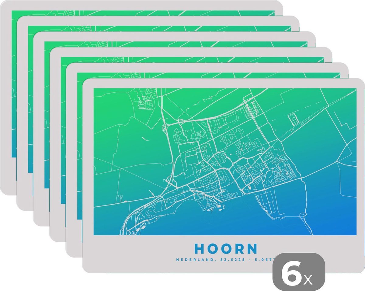 Placemat - Placemats kunststof - Stadskaart - Hoorn - Nederland - Blauw - 45x30 cm - 6 stuks - Hittebestendig - Anti-Slip - Onderlegger - Afneembaar