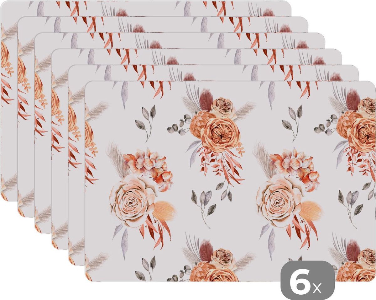 Placemat - Placemats kunststof - Bloemen - Bladeren - Bohemian - Wit - 45x30 cm - 6 stuks - Hittebestendig - Anti-Slip - Onderlegger - Afneembaar