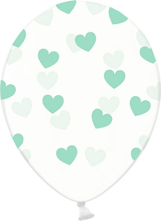 Partydeco 6 Ballonnen in zak hartjes crystal - Mint groen 30cm