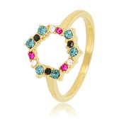 My Bendel - Damesring met kleurrijke stenen - Goudkleurige edelstalen ring met een cirkel van kleurrijke zirkonia steentjes - Met luxe cadeauverpakking