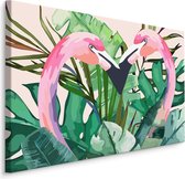 Schilderij - Flamingo's tussen tropische bladeren (print op canvas), roze/groen, 4 maten, premium print