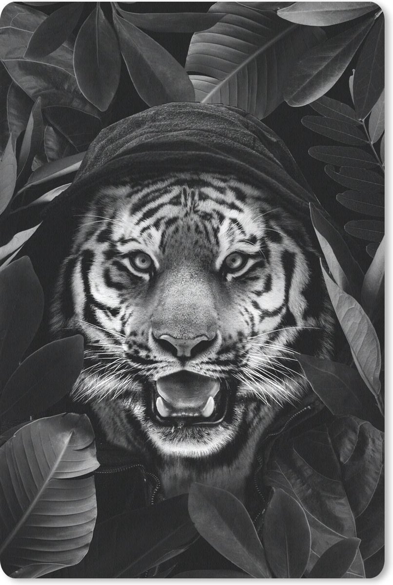 Muismat - Mousepad - Tijger met een capuchon tussen de bladeren - zwart wit - 40x60 cm