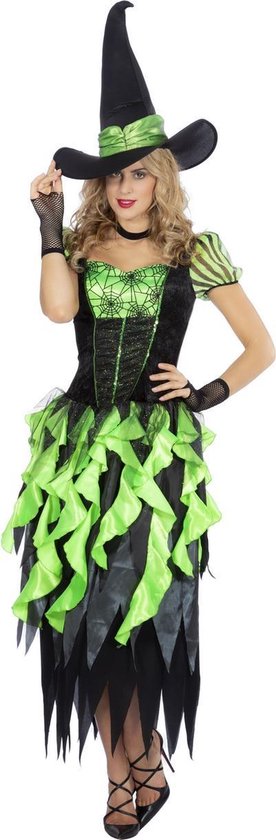 Wilbers & Wilbers - Heks & Spider Lady & Voodoo & Duistere Religie Kostuum - Heks Betoverde Woud Sprookjes - Vrouw - Groen, Zwart - Maat 40-42 - Halloween - Verkleedkleding