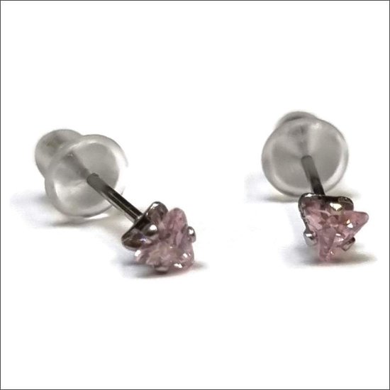 Aramat jewels ® - Zirkonia zweerknopjes driehoek 3mm oorbellen roze chirurgisch staal
