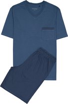 SCHIESSER heren shortama - V-hals - jeansblauw geruit -  Maat: 4XL