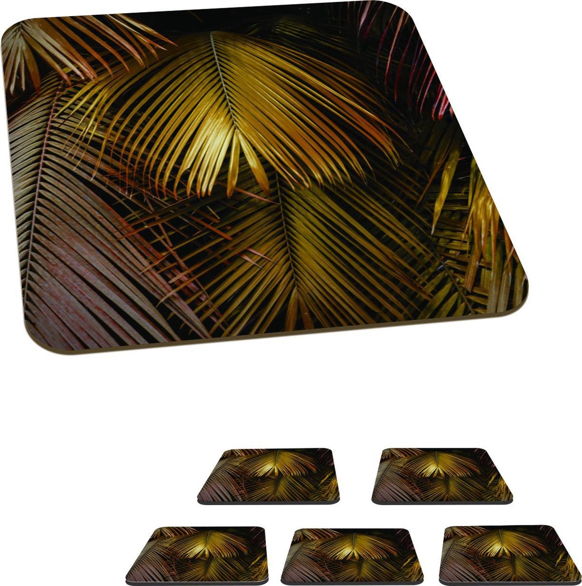 Onderzetters voor glazen - Jungle - Palmboom - Goud - 10x10 cm - Glasonderzetters - 6 stuks