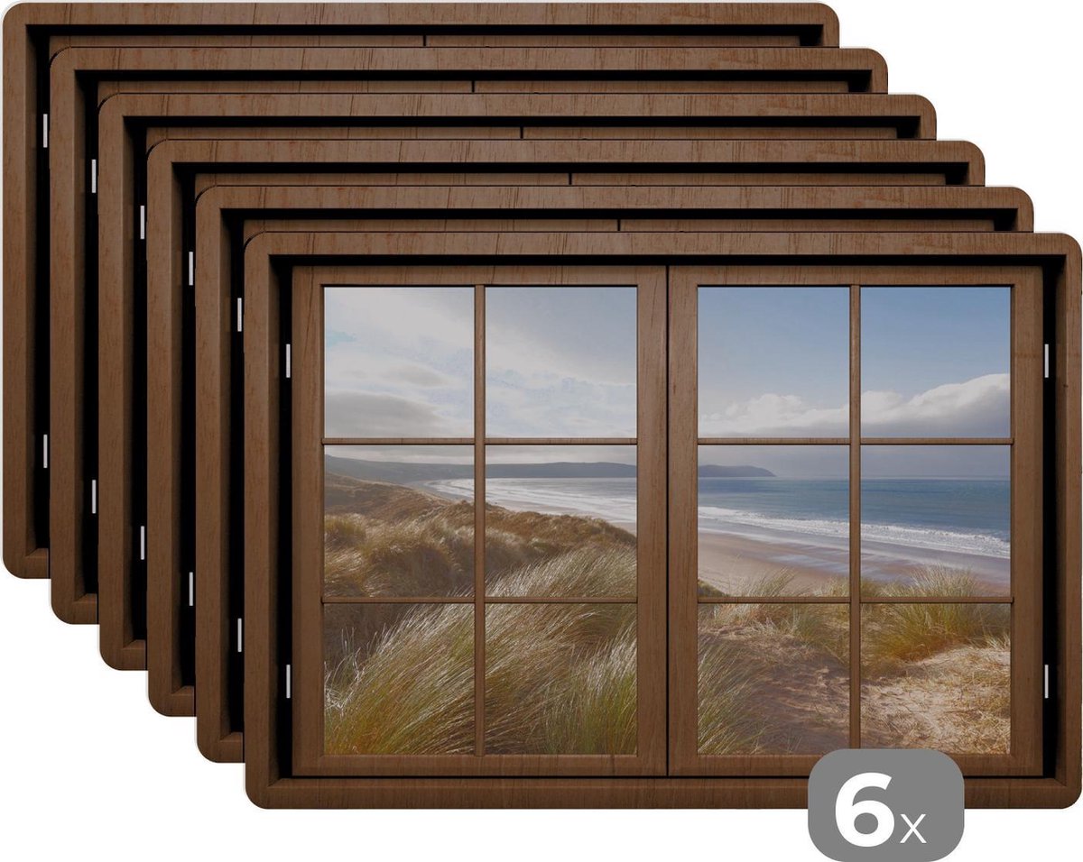 Placemat - Placemats kunststof - Doorkijk - Strand - Hout - 45x30 cm - 6 stuks - Hittebestendig - Anti-Slip - Onderlegger - Afneembaar