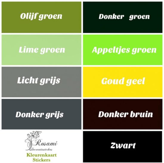 Kleurenkaart met diverse groentinten, grijstinten, geel, bruin en zwart.