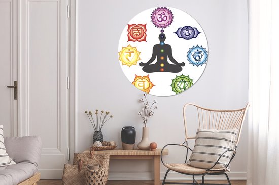 Sept chakras autour d'une silhouette méditante cercle mural assiette plastique ⌀ 120 cm - impression photo sur cercle mural / cercle vivant (décoration murale)