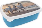 Broodtrommel Blauw - Lunchbox - Brooddoos - Paarden - Zon - Strand - Zee - 18x12x6 cm - Kinderen - Jongen