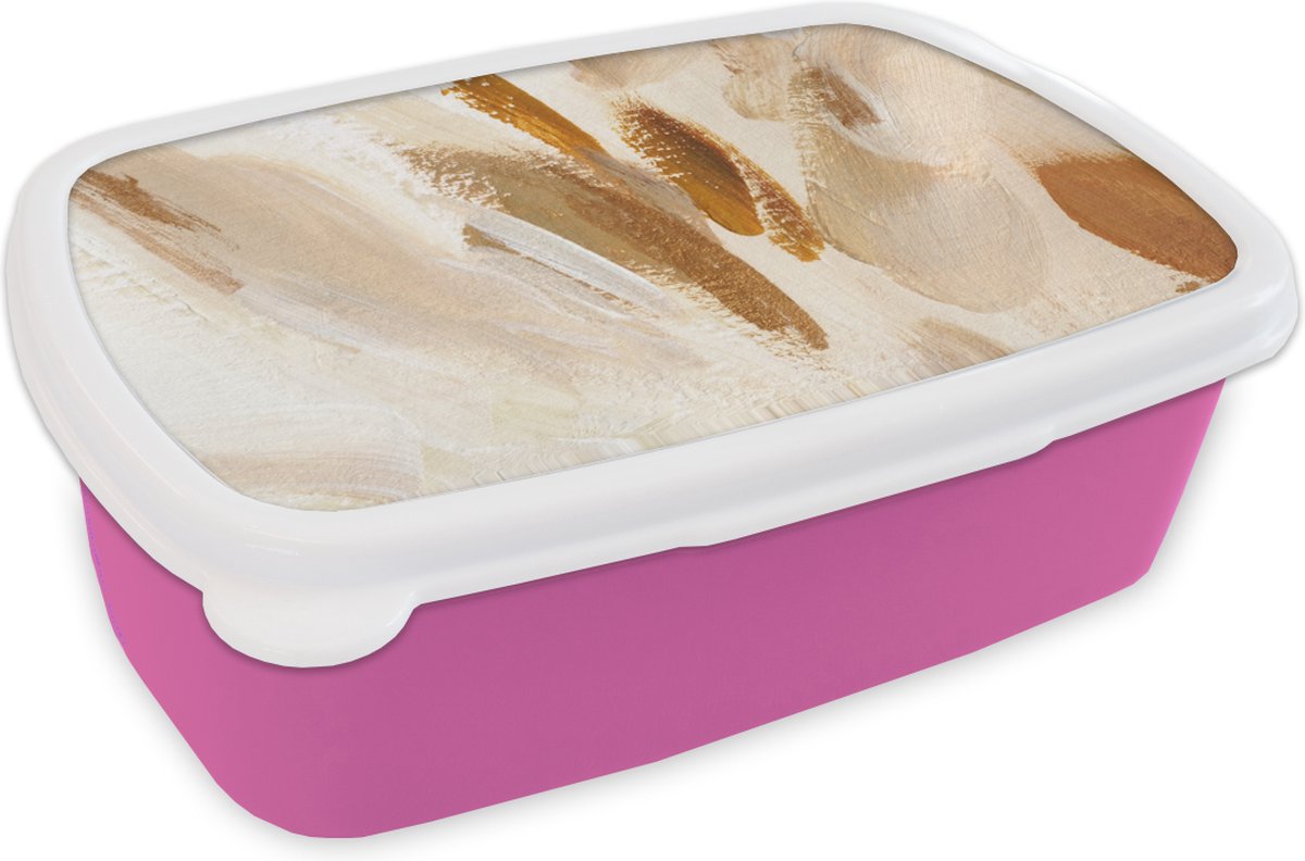 Broodtrommel Roze - Lunchbox - Brooddoos - Wit - Bruin - Abstract - 18x12x6 cm - Kinderen - Meisje