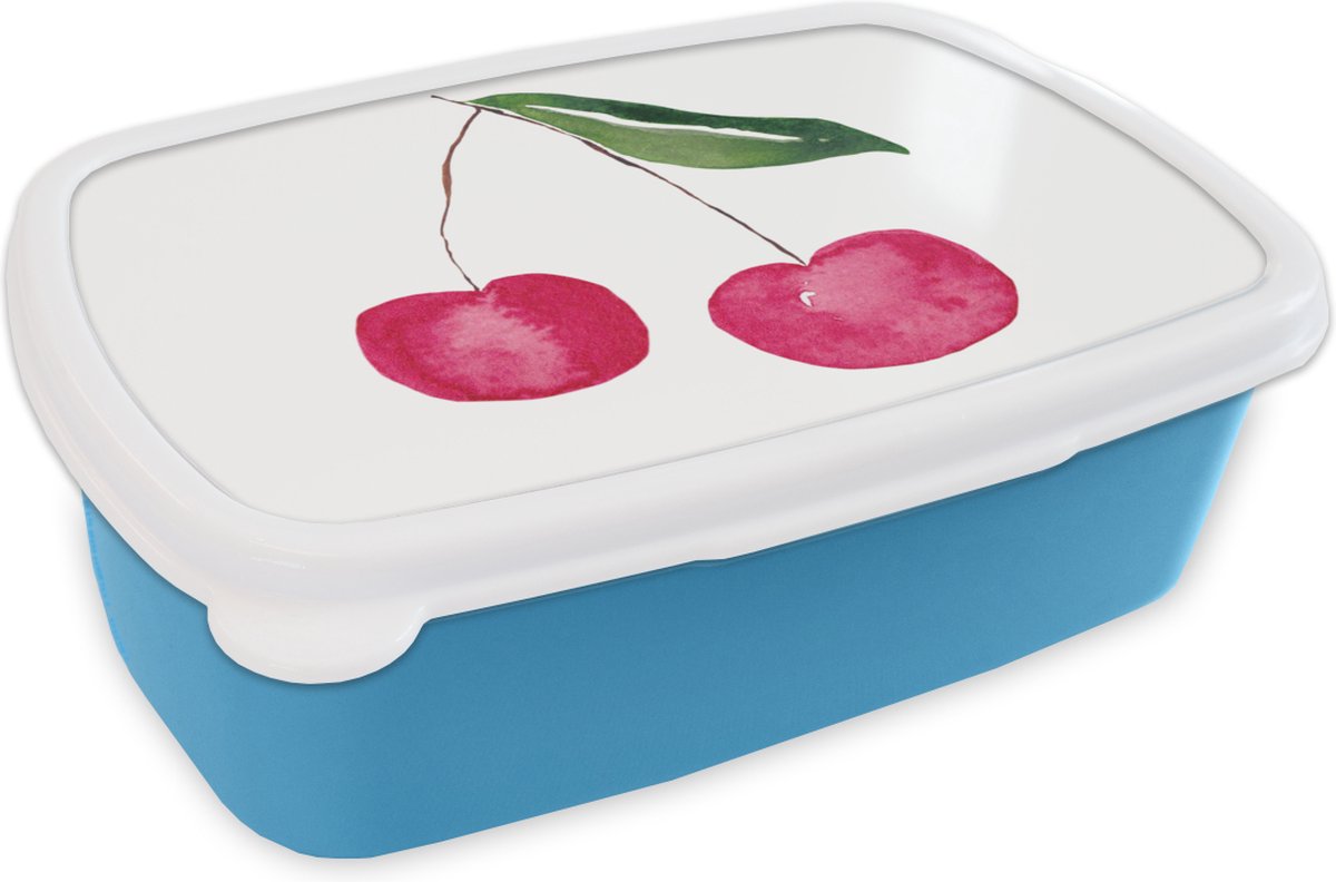 Broodtrommel Blauw - Lunchbox - Brooddoos - Kersen - Waterverf - Wit - 18x12x6 cm - Kinderen - Jongen