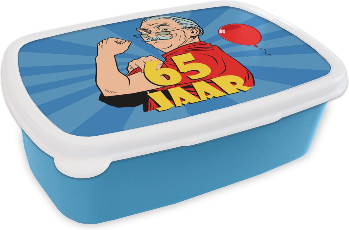 Broodtrommel Blauw - Lunchbox - Brooddoos - Man - 65 Jaar - Ballon - 18x12x6 cm - Kinderen - Jongen