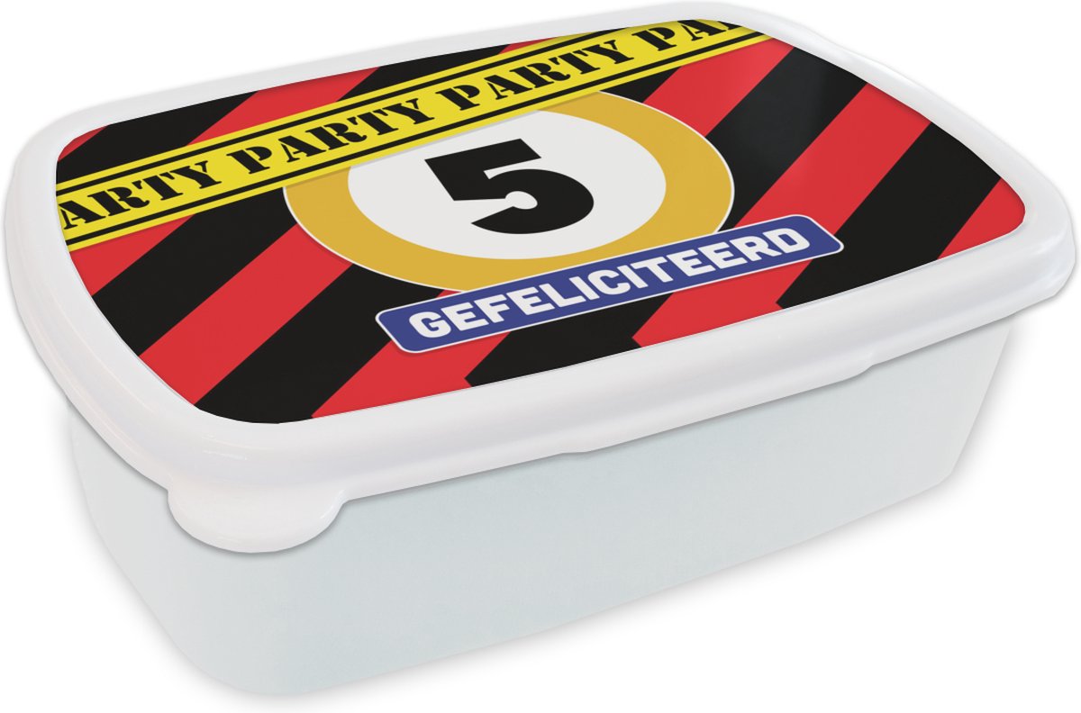 Broodtrommel Wit - Lunchbox - Brooddoos - Versiering - Jarig - Design - 18x12x6 cm - Volwassenen