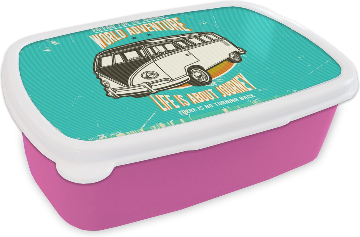 Broodtrommel Roze - Lunchbox - Brooddoos - Vintage - Oldtimer - Auto - 18x12x6 cm - Kinderen - Meisje