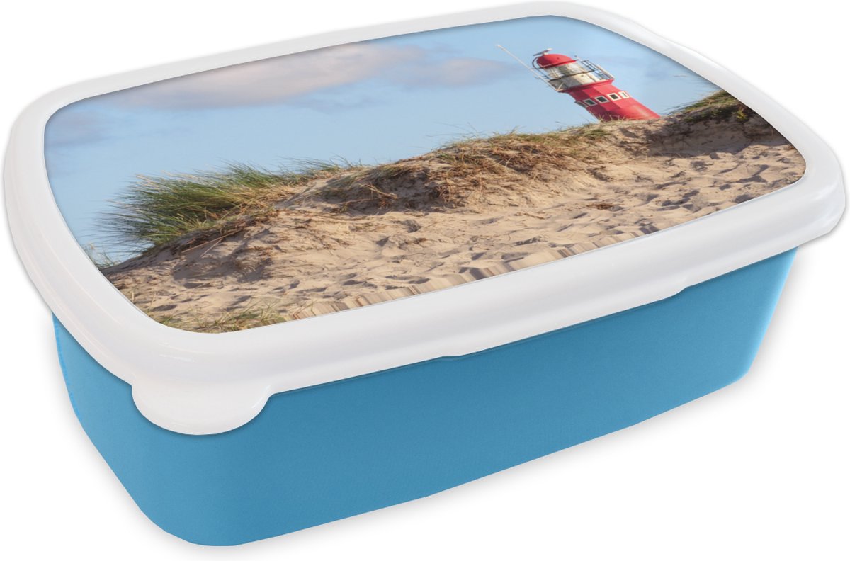 Broodtrommel Blauw - Lunchbox - Brooddoos - Strand - Vuurtoren - Duin - 18x12x6 cm - Kinderen - Jongen