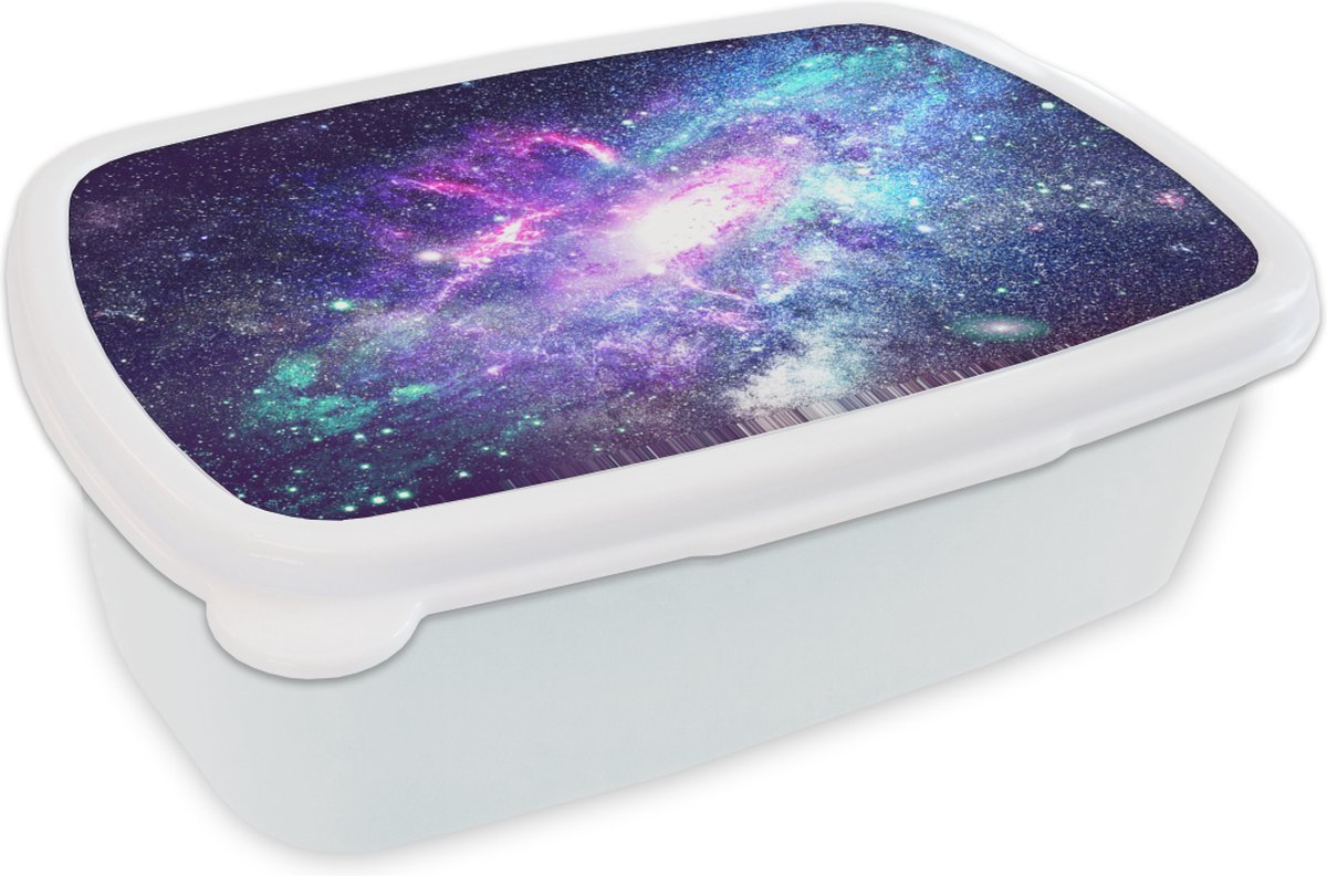 Broodtrommel Wit - Lunchbox - Brooddoos - Ruimte - Blauw - Sterren - 18x12x6 cm - Volwassenen