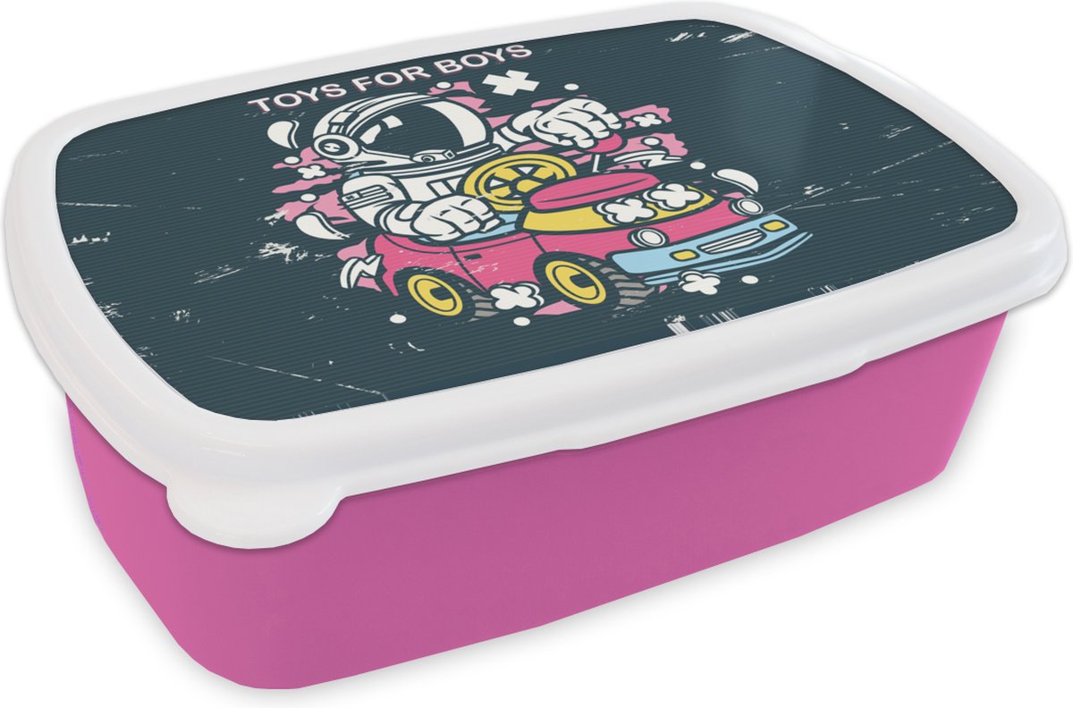 Broodtrommel Roze - Lunchbox - Brooddoos - Vintage - Astronaut - Auto - 18x12x6 cm - Kinderen - Meisje