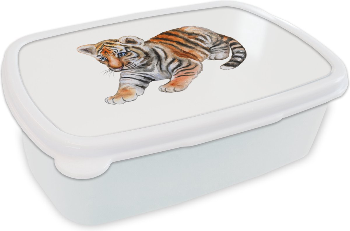Broodtrommel Wit - Lunchbox - Brooddoos - Tijger - Baby - Wit - 18x12x6 cm - Volwassenen