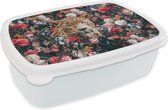 Broodtrommel Wit - Lunchbox - Brooddoos - Luipaard - Bloemen - Dieren - 18x12x6 cm - Volwassenen