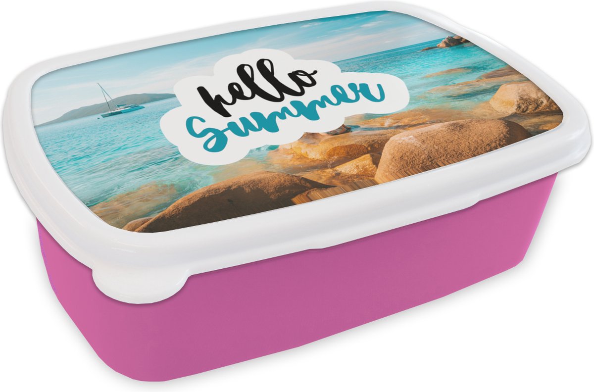 Broodtrommel Roze - Lunchbox - Brooddoos - Zomer - Quote - Boot - Zee - 18x12x6 cm - Kinderen - Meisje