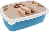 Broodtrommel Blauw - Lunchbox - Brooddoos - Zomer - Bladeren - Pastel - 18x12x6 cm - Kinderen - Jongen