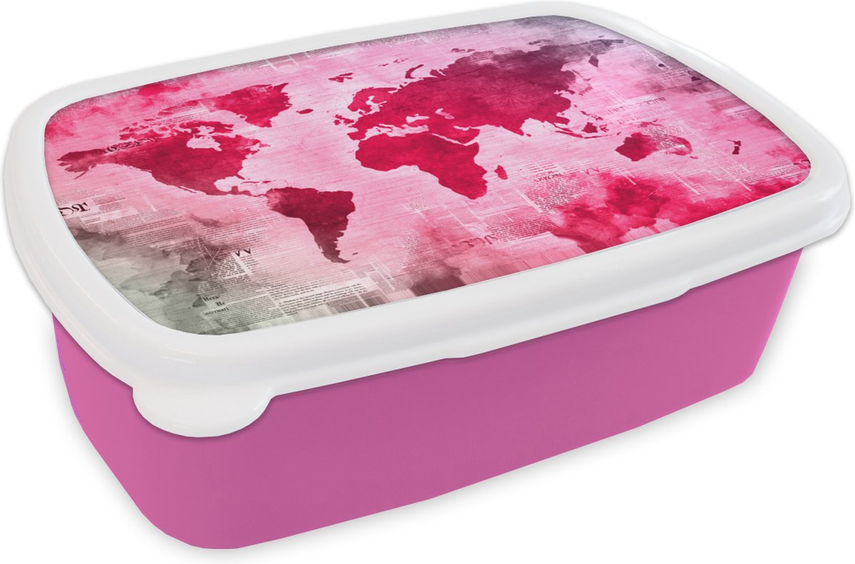Broodtrommel Roze - Lunchbox - Brooddoos - Wereldkaart - Rood - Krant - 18x12x6 cm - Kinderen - Meisje