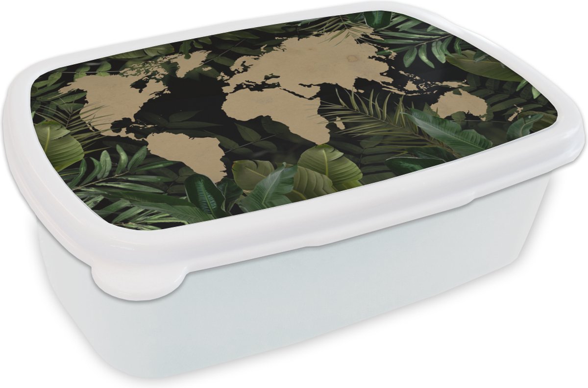 Broodtrommel Wit - Lunchbox - Brooddoos - Wereldkaart - Bladeren - Bruin - 18x12x6 cm - Volwassenen