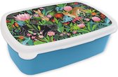 Broodtrommel Blauw - Lunchbox - Brooddoos - Jungle - Planten - Dieren - 18x12x6 cm - Kinderen - Jongen