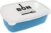 Broodtrommel Blauw - Lunchbox - Brooddoos - Quotes - Bestek - Bon appetit - 18x12x6 cm - Kinderen - Jongen