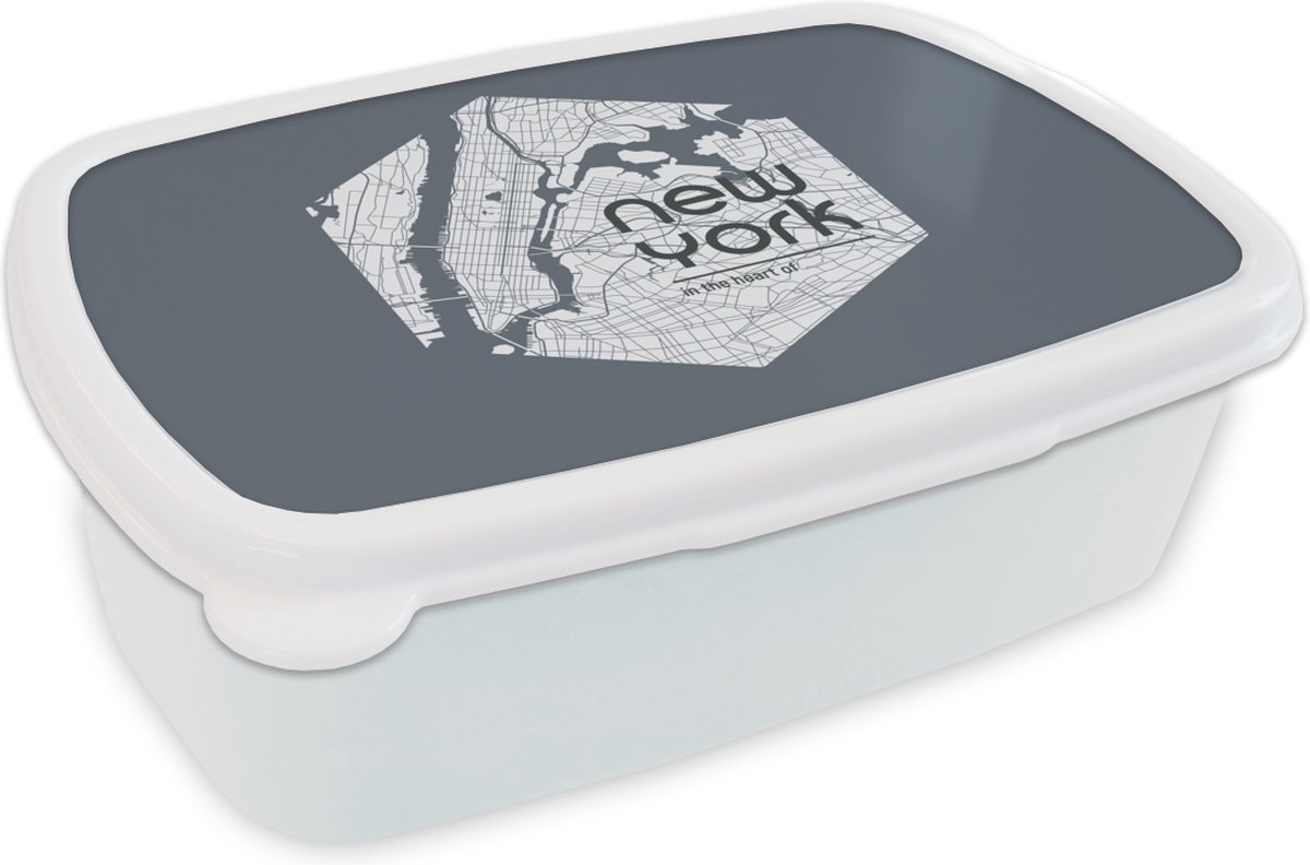 Broodtrommel Wit - Lunchbox - Brooddoos - New York - Plattegrond - Zwart - 18x12x6 cm - Volwassenen