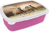 Broodtrommel Roze - Lunchbox Paarden - Zand - Zomer - Brooddoos 18x12x6 cm - Brood lunch box - Broodtrommels voor kinderen en volwassenen