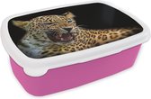 Broodtrommel Roze - Lunchbox - Brooddoos - Luipaard - Dieren - Zwart - 18x12x6 cm - Kinderen - Meisje