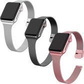 By Qubix 3 x Milanese slim fit bandje - Rosé goud + Zilver + Zwart - Geschikt voor Apple Watch 42 - 44 - 45 - Ultra - 49mm - Compatible Apple watch