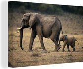 Canvas Schilderij Olifant - Kalf - Kenia - 120x80 cm - Wanddecoratie