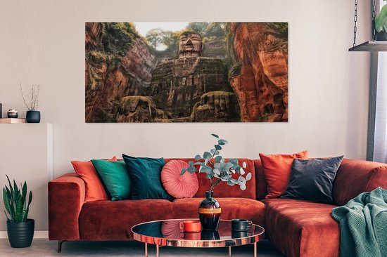 Canvas schilderij 160x80 cm - Wanddecoratie Rode vloed naast de Grote Boeddha van Leshan in China - Muurdecoratie woonkamer - Slaapkamer decoratie - Kamer accessoires - Schilderijen