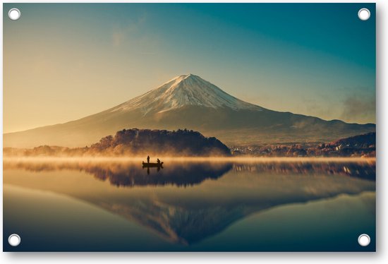 Mont Fuji au lac Kawaguchi, Sunrise, Vintage | Affiche de jardin 70x50 | Décoration de jardin | Posters de jardin à l' extérieur | Peinture de jardin | Besteposter | Minimaliste | Paysage | Nature
