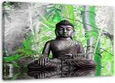 Trend24 - Canvas Schilderij - Boeddha Met Bladeren - Schilderijen - Oosters - 90x60x2 cm - Groen