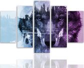 Trend24 - Canvas Schilderij - Wolf Op Een Bosachtergrond - Paars - Vijfluik - Dieren - 100x70x2 cm - Paars