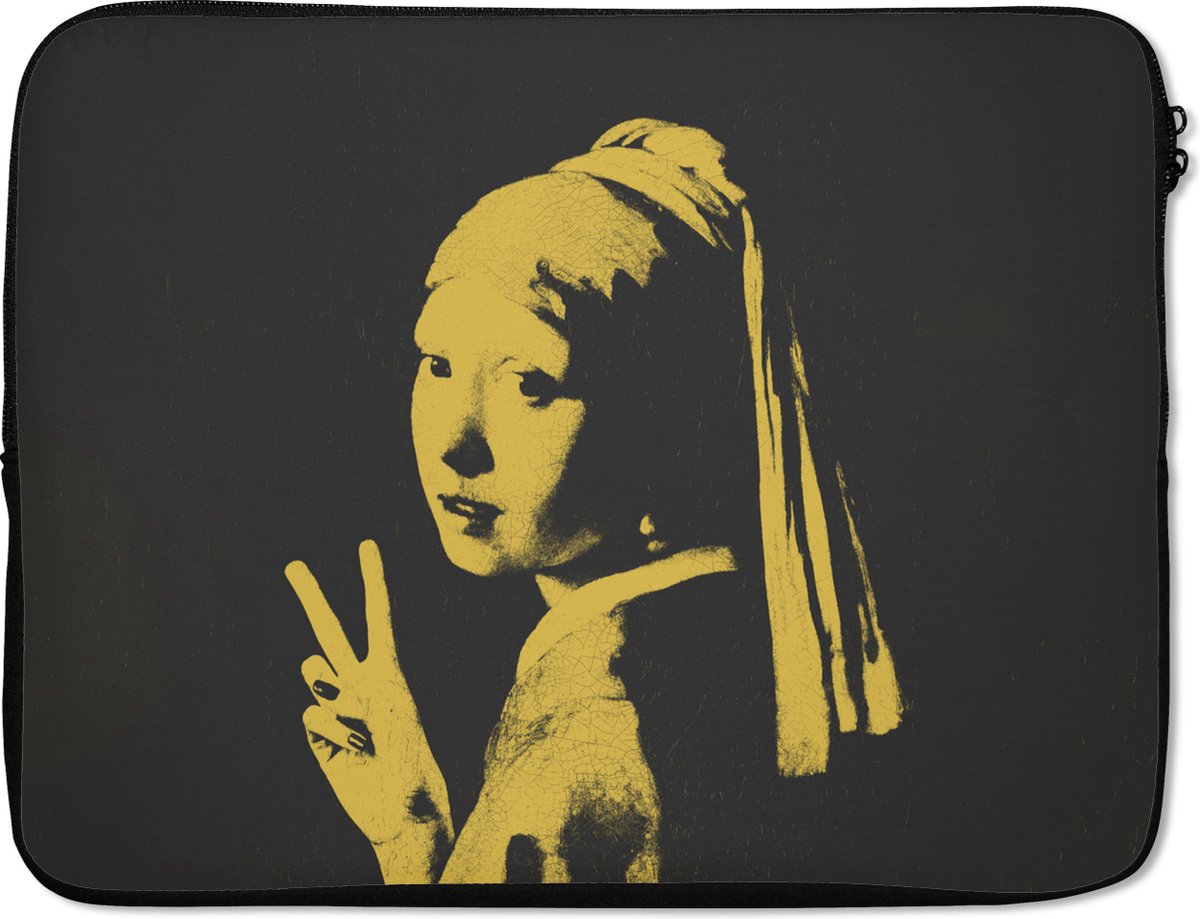 Laptophoes 15.6 inch - Meisje met de parel - Geel - Zwart - Laptop sleeve - Binnenmaat 37x26 cm - Zwarte achterkant