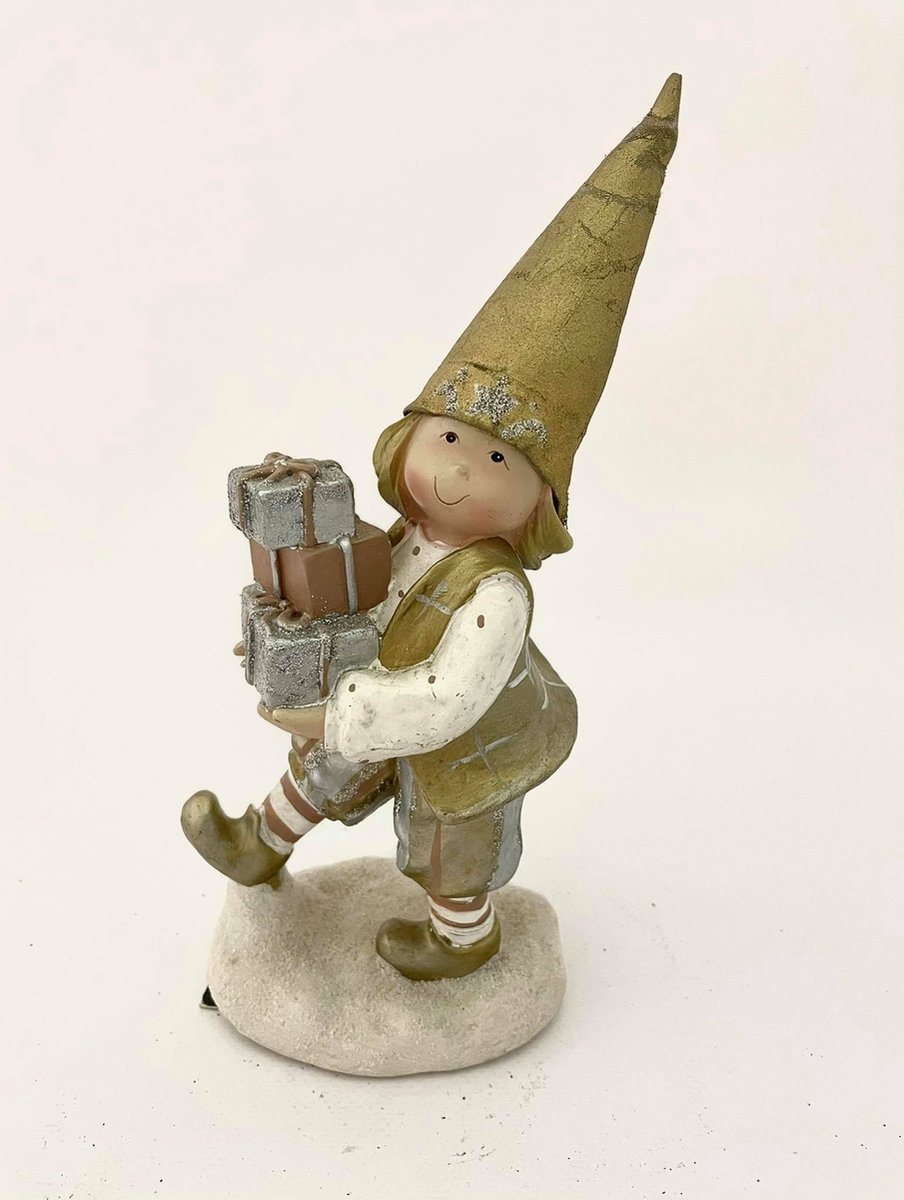 J-Line J_line kabouterjongen met pakjes 10x7x23cm goud