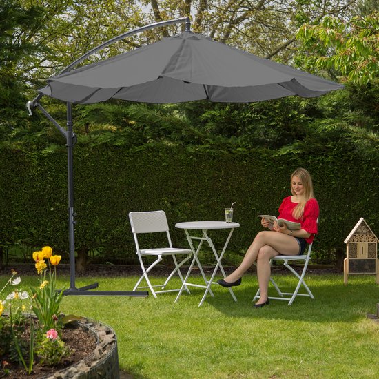 zweefparasol met voet - Ø 300 cm - met hoes en zwengel - draaibaar - kruisvoet - grijs