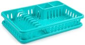 Turquoise afdruiprek met lekbak 45 x 30 cm - Keukenbenodigdheden - Afwassen/afdrogen - Afwasrekken - Afdruiprekken met lekbak