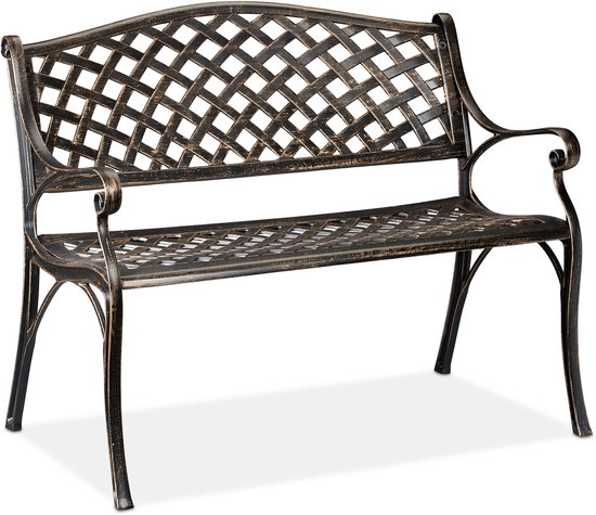 Zwarte metalen 2-zits tuinbank met rasterpatroon op rugleuning en zitting.
