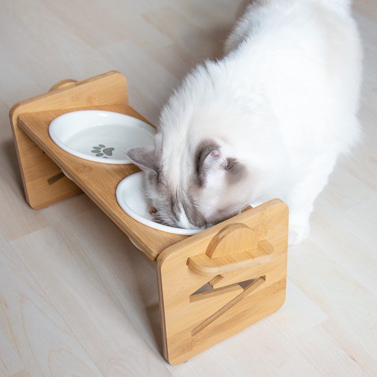 Navaris 2 Voerbakjes Met Standaard - Keramische Voerbakset Met Bamboe Houders Voor Katten En Honden Deens Ontwerp Vaatwasserbestendig Grijs